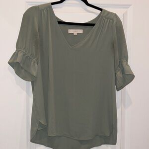 LOFT Short Sleeve Green Blouse with ruffle sleeve